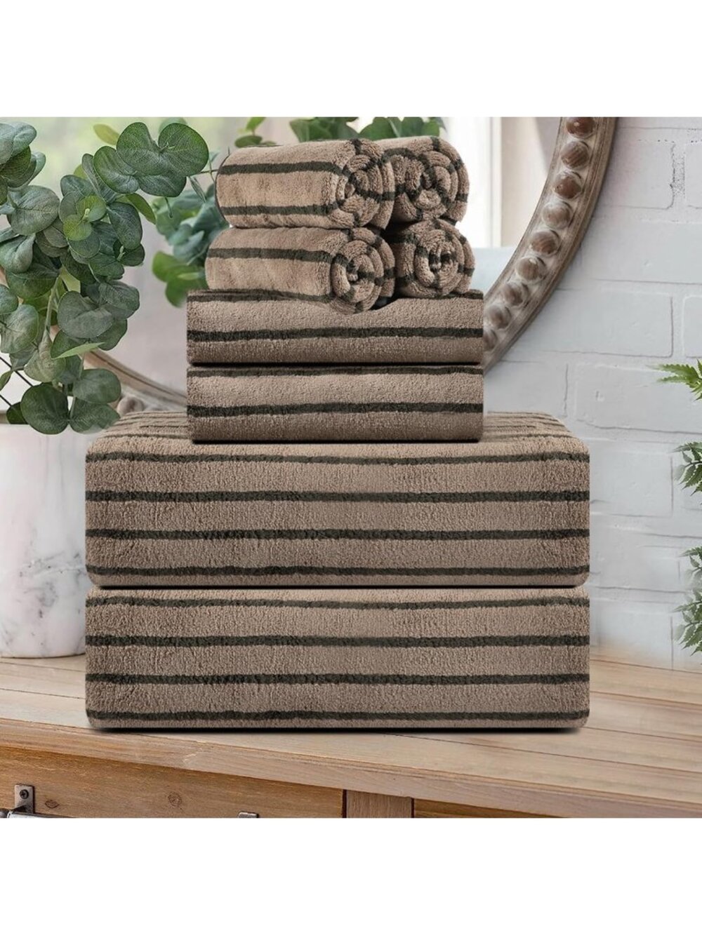 8-Piece Brown Stripe Bath Towel Set - Soft, Quick-Dry Towels for Spa, Gym